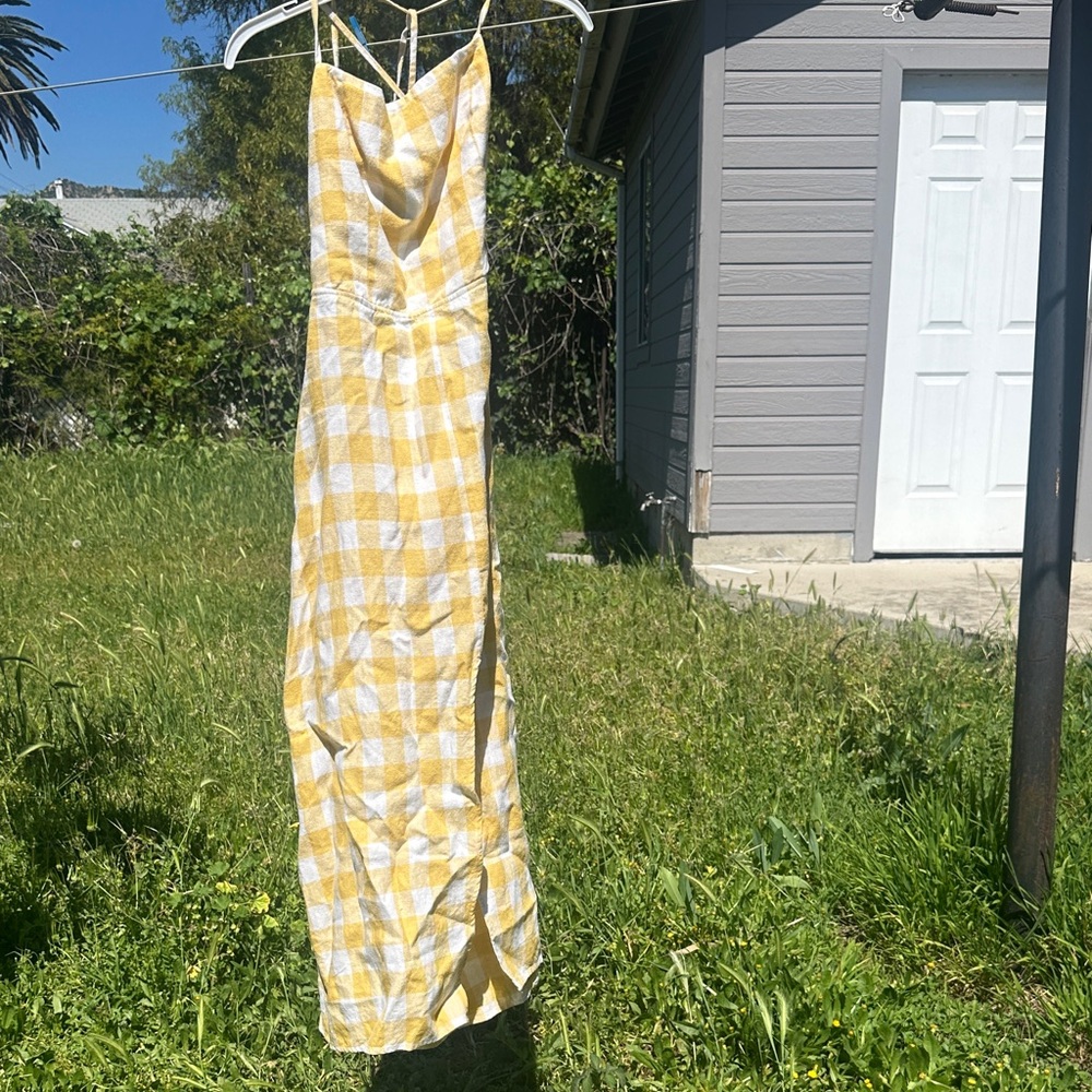 Reformation Butter Yellow Plaid Maxi Dress with Slit and Spaghetti Straps